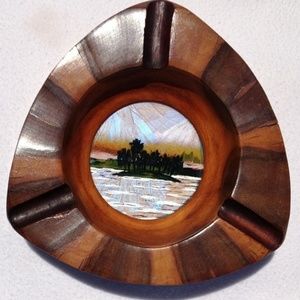 Vintage Ashtray 5" Wide Solid Mohogany Wood 1960s